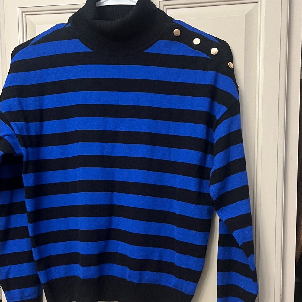 Elegant Black and Blue Striped Women's Turtleneck Sweater